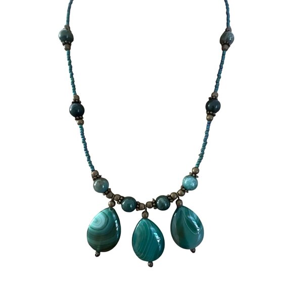 Vintage Green Striped Agate Necklace Teardrop Pendant Brass 17" + 3" extender - Picture 1 of 5